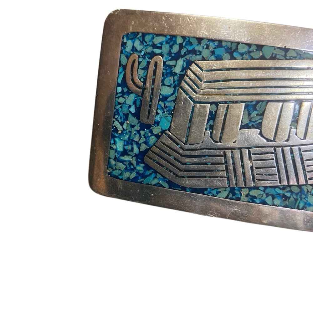 Vintage Mexican Sterling Silver Turquoise Inlay Belt Buckle - Picture 2 of 12